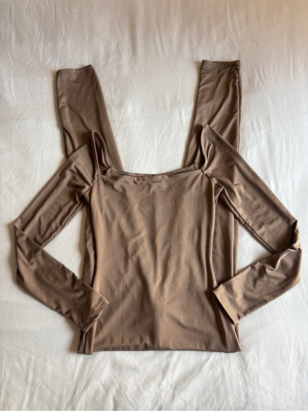 Tic Toc Taupe Brown Long Sleeve Fitted Jumpsuit Square Neck Bodycon